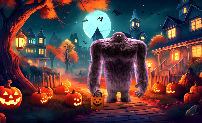 Monster standing on a spooky neighborhood street with a trick-or-treat bag.