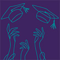 Line drawing of hands throwing graduation caps in the air.,
